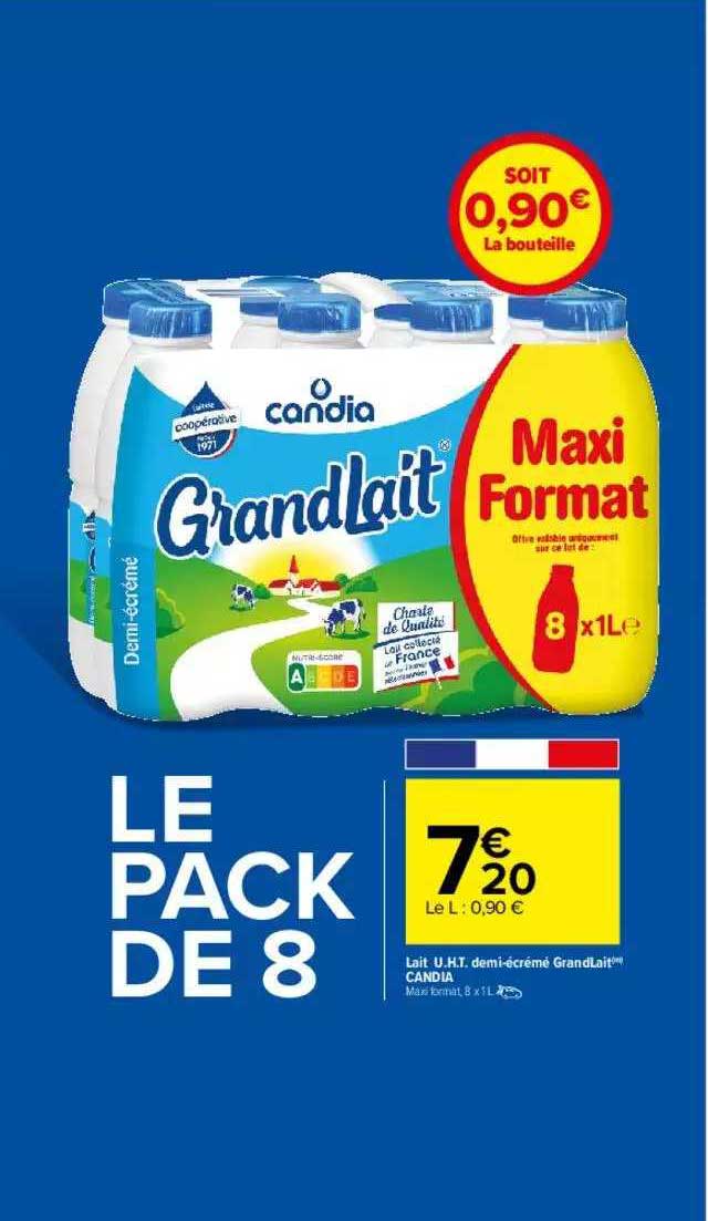 lait u.h.t. demi-écrémé grandlait candia