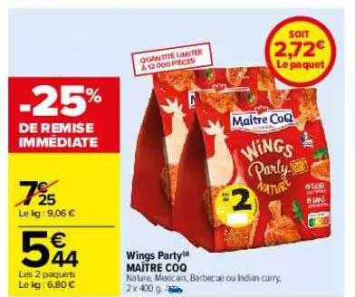 wings party maître coq -25% remise immédiate
