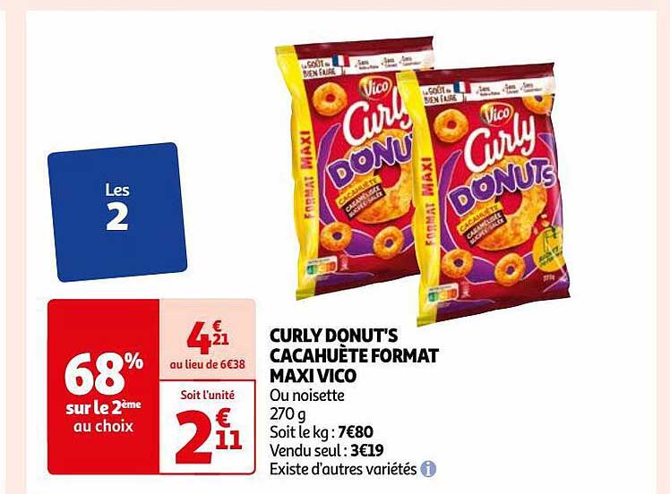 curly donut's cacahuète format maxi vico 68% sur le 2ème au choix
