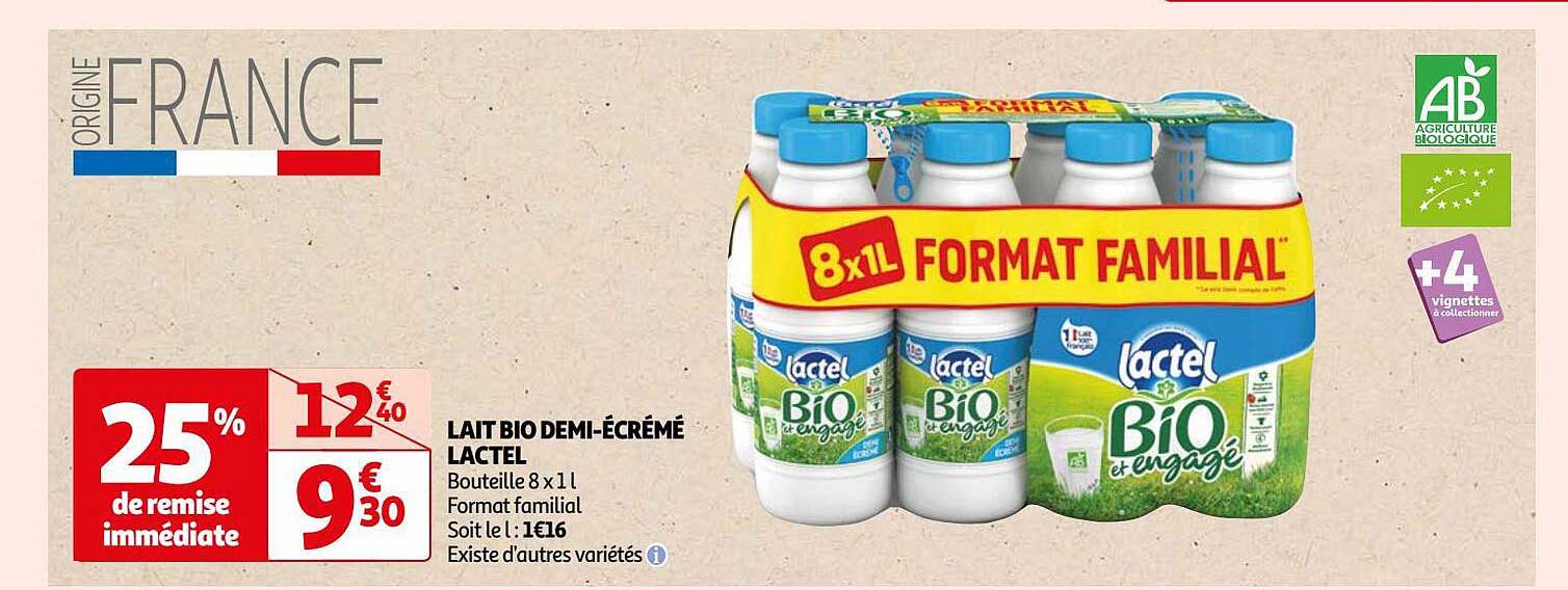 lait bio demi-écrémé lactel