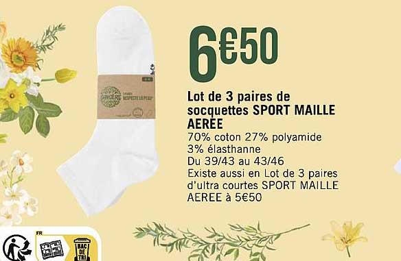 lot de 3 paires de socquettes sport maille aérée sincère