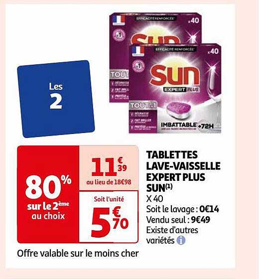 tablettes lave-vaisselle expert plus sun 80% sur le 2ème au choix
