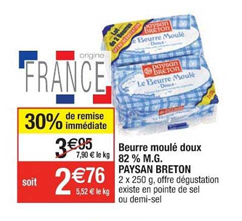 beurre moulé doux 82% m.g. paysan breton