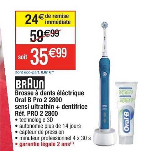 brosse à dents électrique oral b pro 2 2800 sensi ultrathin + dentifrice braun