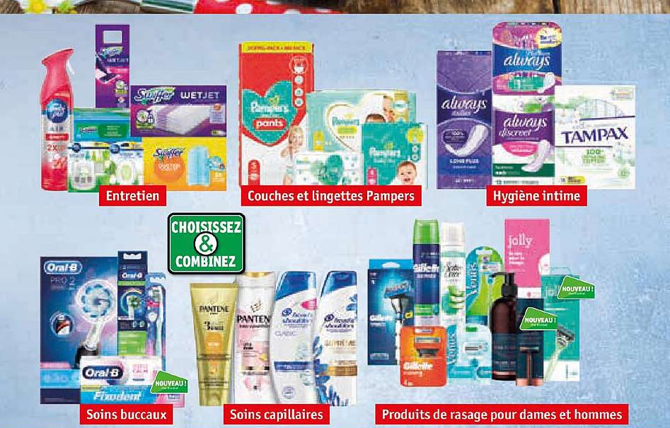 entretien, couches et lingettes pampers, hygiène intime, soins buccaux, soins capillaires, produits de rasage pour dames et hommes