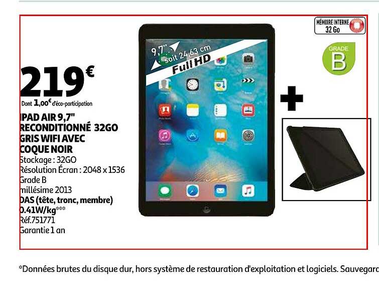 ipad air 9.7'' reconditionné 32go gris wifi avec coque noir
