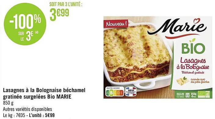 Lasagnes à La Bolognaise Béchamel Gratinée Surgelées Bio Marie