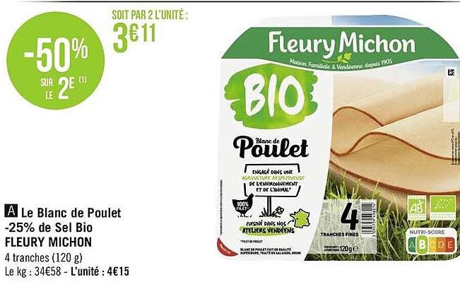 Le Blanc De Poulet -25% De Sel Bio Fleury Michon