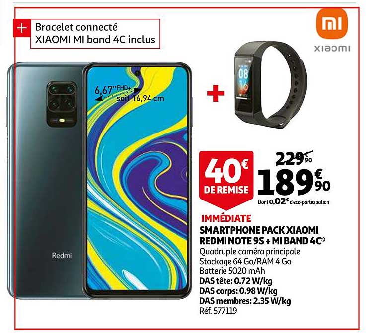 smartphone pack xiaomi redmi note 9s + mi band 4c