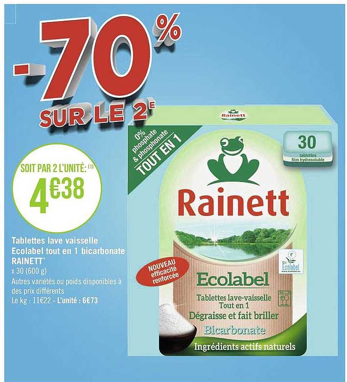 tablettes lave vaisselle ecolabel tout en 1 bicarbonate rainett