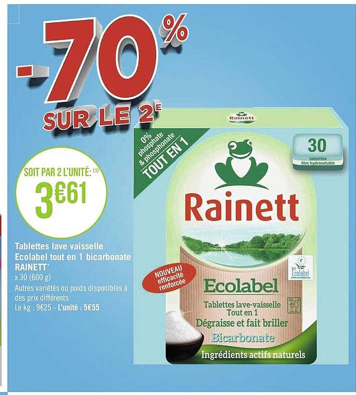 tablettes lave vaisselle écolabel tout en 1 bicarbonate rainett