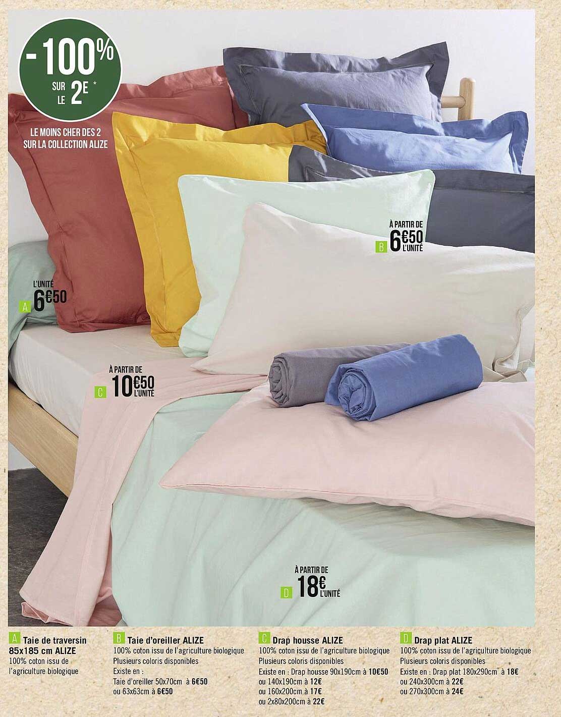 taie de traversin 45 x 185 cm alizé, taie d'oreiller alizé, drap housse alizé, drap plat alizé