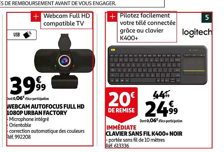 webcam autofocus full hd 1080p urban factory, clavier sans fil k400+noir