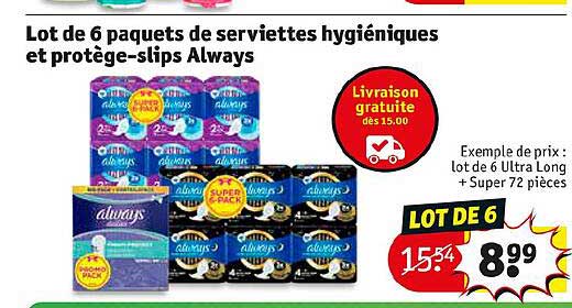 lot de 6 paquets de serviettes hygiéniques et protège-slips always