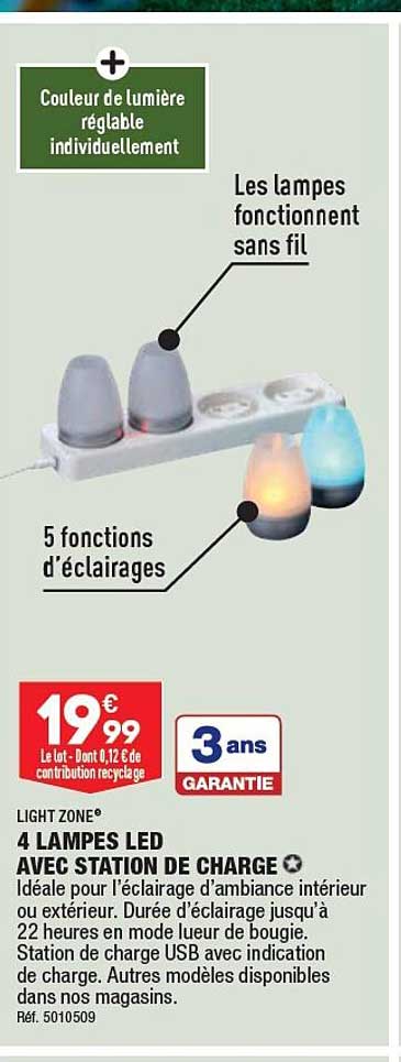 4 lampes led avec station de charge light zone