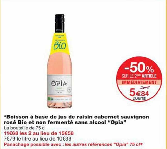 boisson à base de jus de raisin cabernet sauvignon rosé bio et non fermenté sans alcool "opia"