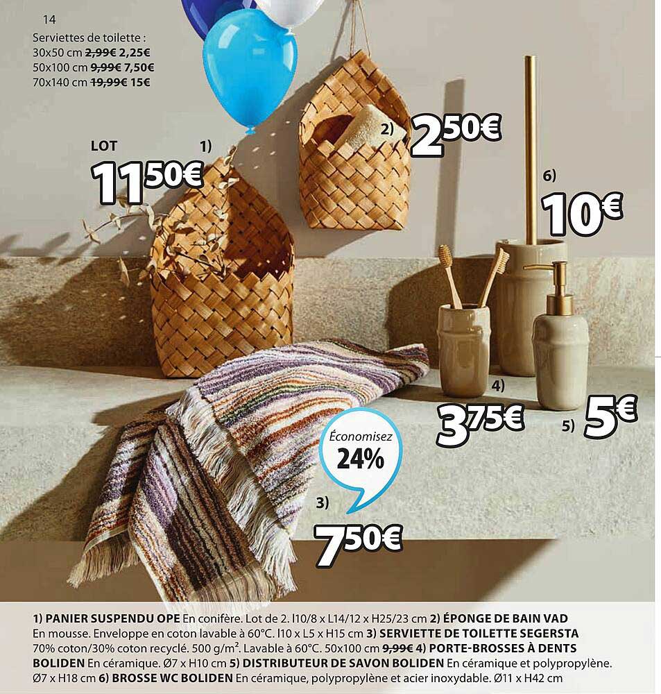 panier suspendu ope, éponge de bain vad, serviette de toilette segersta, porte-brosses à dents boliden, distributeur de savon boliden, brosse wc boliden