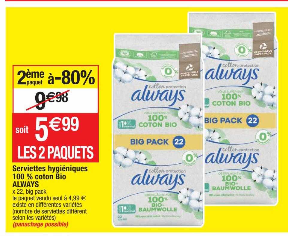 serviettes hygiéniques 100% coton bio always