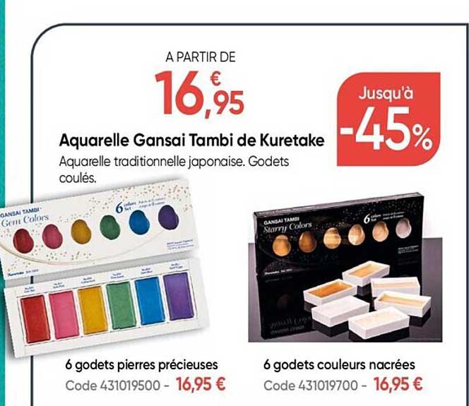 aquarelle gansai tambi de kuretake, 6 godets pierres précieuses, 6 godets couleurs nacrées