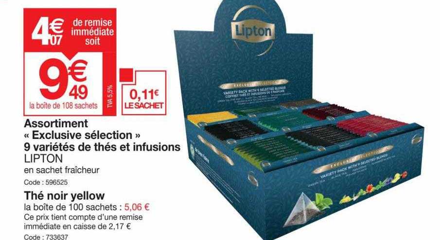 assortiment «exclusive sélection» 9 variétés de thés et infusions lipton, thé noir yellow