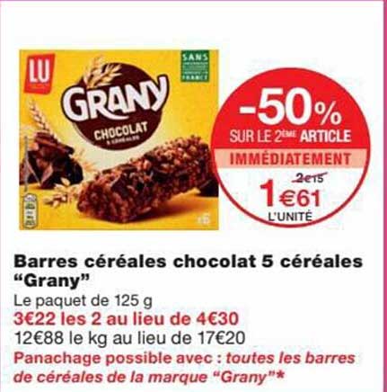 Barres Céréales Chocolat 5 Céréales "grany"