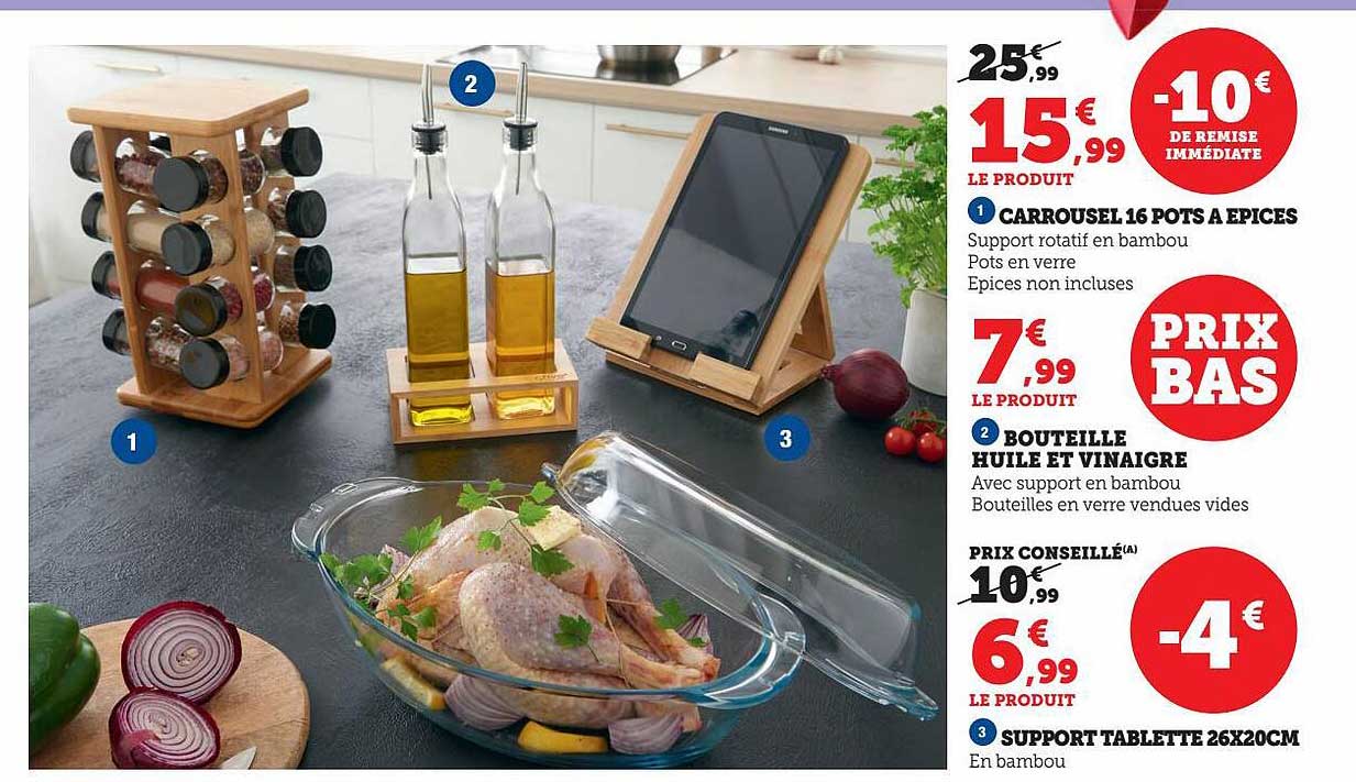 carrousel 16 pots à épices, bouteille huile et vinaigre, support tablette 26 x 20 cm