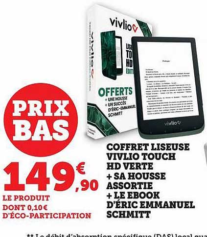 coffret liseuse vivlio touch hd verte + sa housse assortie + le ebook d'éric emmanuel schmitt