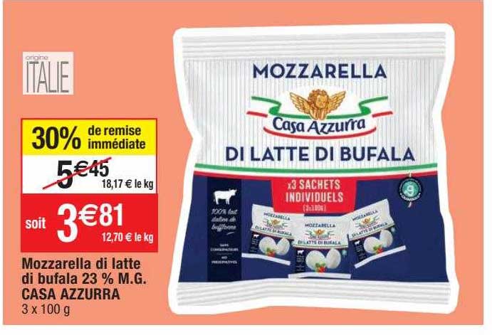 mozzarella di latte di bufala 23% m.g. casa azzurra