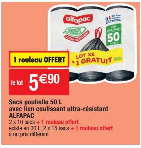 Sacs Poubelle 50l Avec Lien Coulissant Ultra-résistant Alfapac