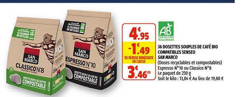 36 dosettes souples de café bio compatibles senseo san marco