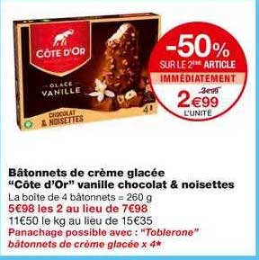 bâtonnets de crème glacée côte d'or vanille chocolat & noisettes -50% sur le 2ème article immédiatement