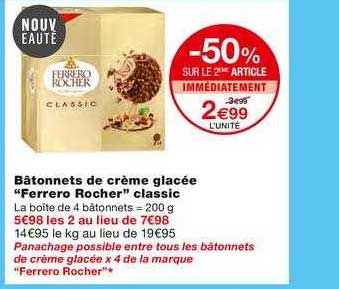 bâtonnets de crème glacée ferrero rocher classic -50% sur le 2ème article immédiatement