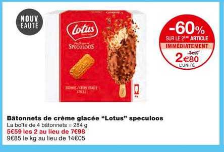 bâtonnets de crème glacée lotus speculoos -60% sur le 2ème article immédiatement