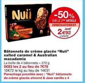 bâtonnets de crème glacée nuii salted caramel & australian macadamia -50% sur le 2ème article immédiatement