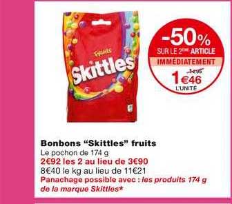 bonbons skittles fruits -50% sur le 2ème article immédiatement