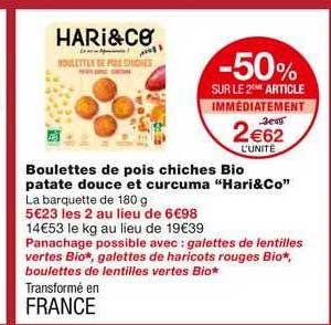 boulettes de pois chiches bio patate douce et curcuma hari&co -50% sur le 2ème article immédiatement