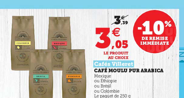 café moulu pur arabica cafés villeret -10% de remise immédiate