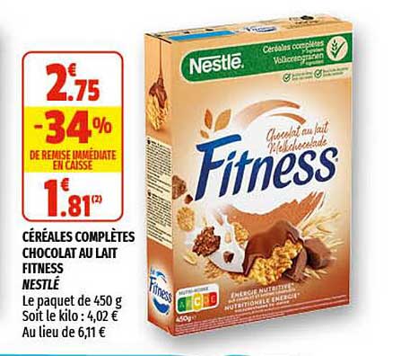céréales complètes chocolat au lait fitness nestlé