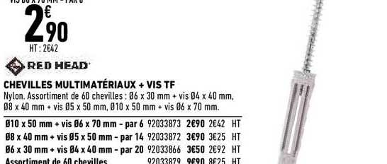 chevilles multimatériaux + vis tf red head