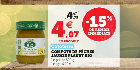 compote de pêches jaunes planet bio cototera -15% de remise immédiate