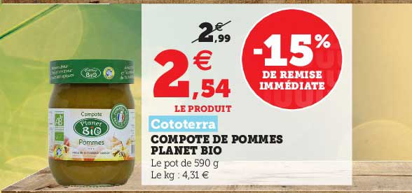 compote de pommes planet bio cotoerra -15% de remise immédiate