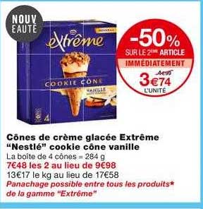 Cônes De Crème Glacée Extrême Nestlé Cookie Cône Vanille -50% Sur Le 2ème Article Immédiatement