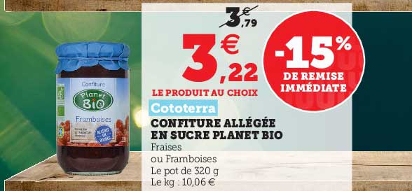 confiture allégée en sucre planet bio cototerra -15% de remise immédiate