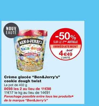crème glacée ben&jerry's cookie dough twist -50% sur le 2ème article immédiatement