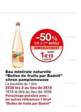 eau minérale naturelle "bulles de fruits par badoit" citron pamplemousse