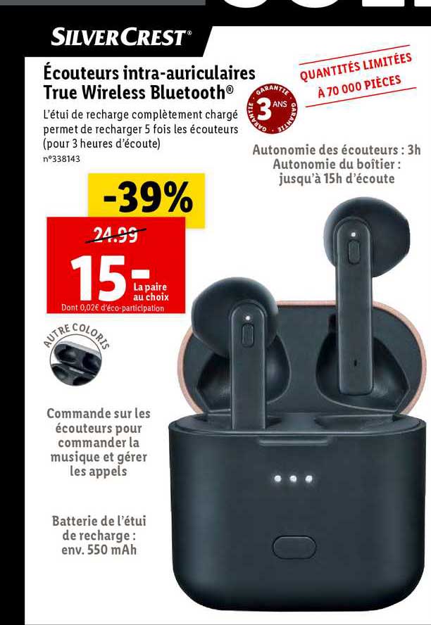 écouteurs intra-auriculaires true wireless bluetooth silver crest