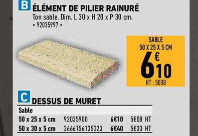 élément de pilier rainuré, dessus de muret