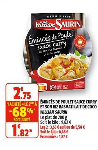 émincés de poulet sauce curry et son riz basmati lait de coco william saurin