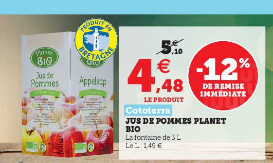 jus de pommes planet bio cototerra -15% de remise immédiate