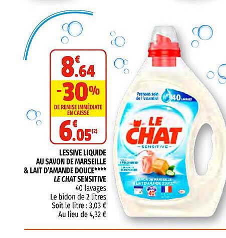 lessive liquide au savon de marseillais & lait d'amande douche le chat sensitive